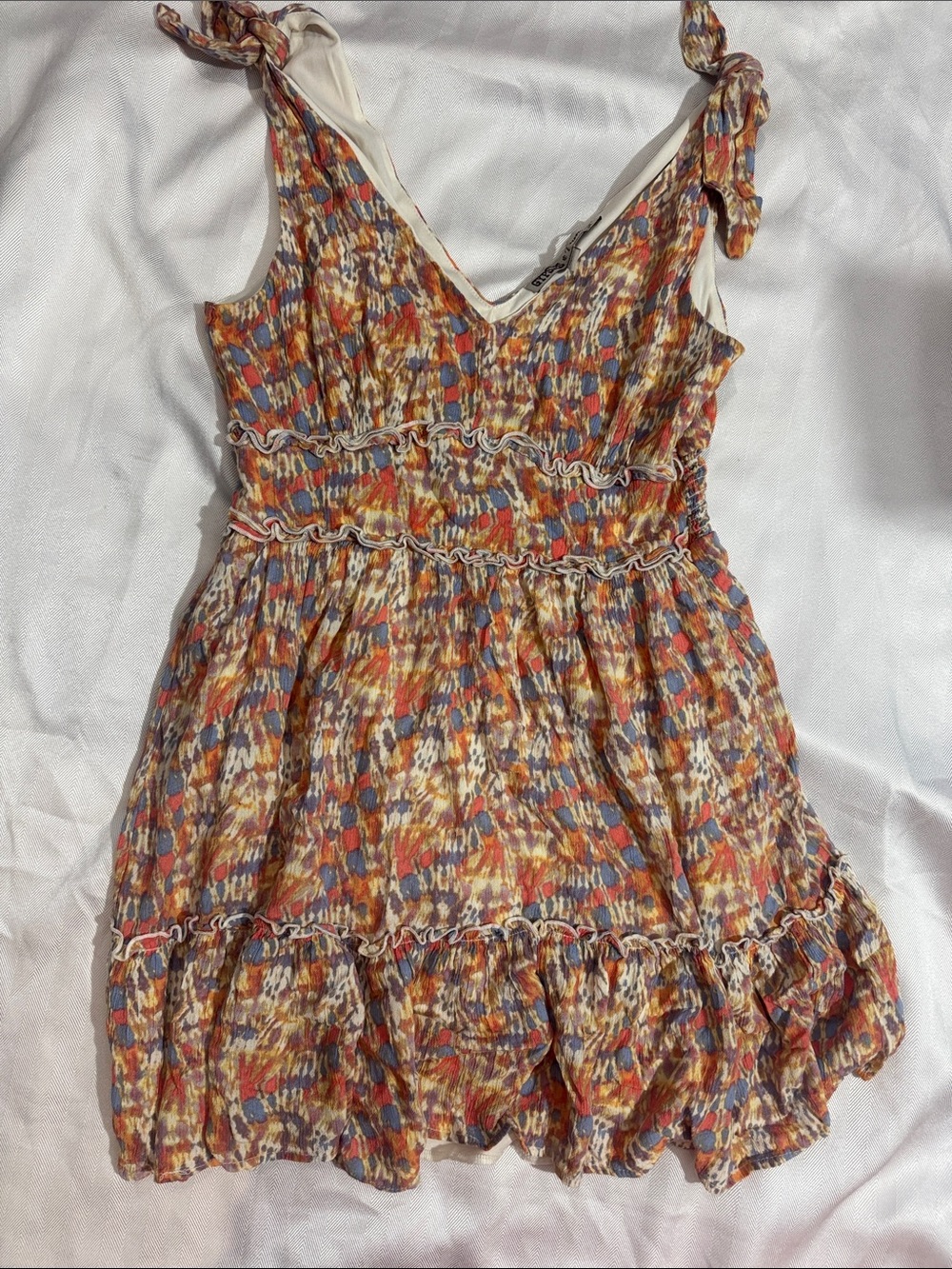 Gypsies & Moondust Tie-Shoulder Summer Dress in Rust, Blue, Cream